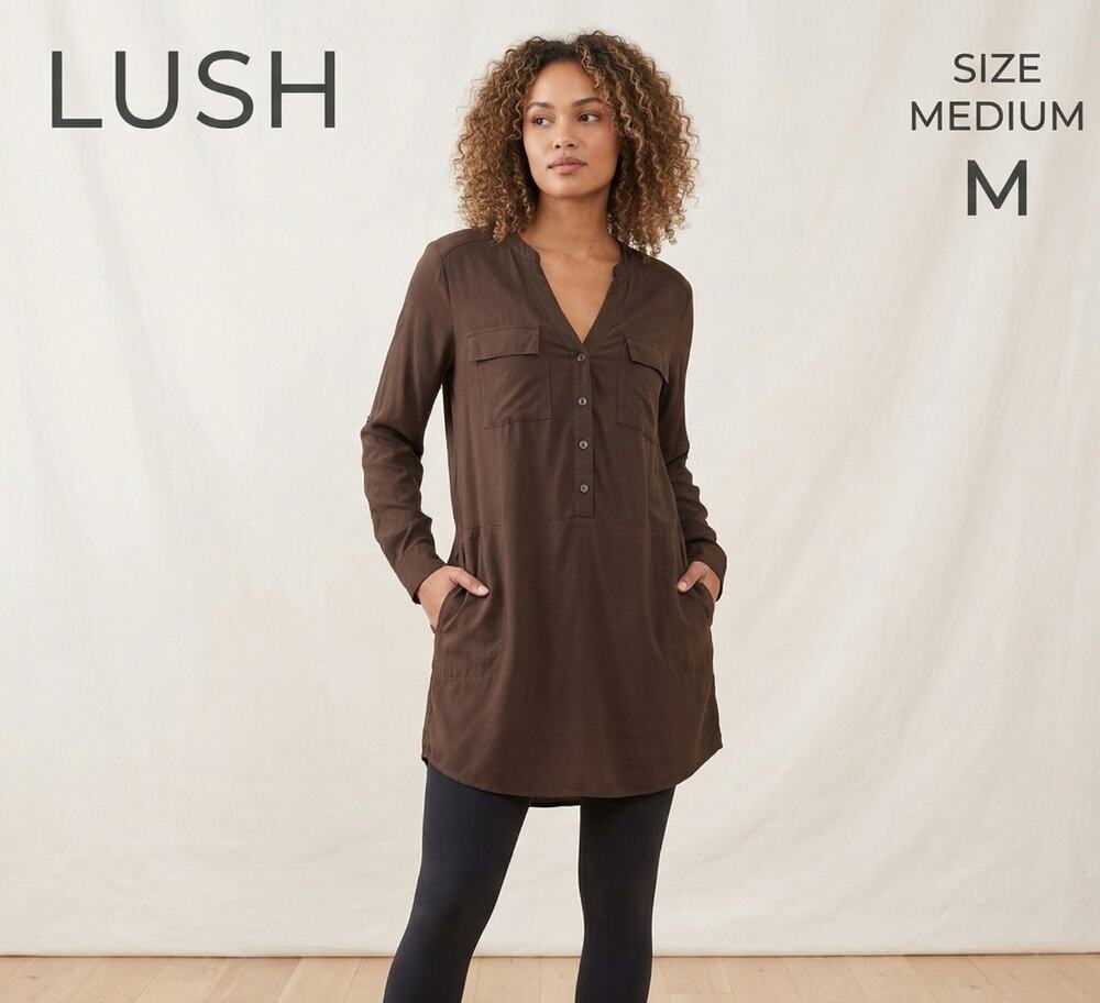 Lush V-Neck Tunic Dress - Olive Green - Size M - Roll Tab Sleeve - Rayon